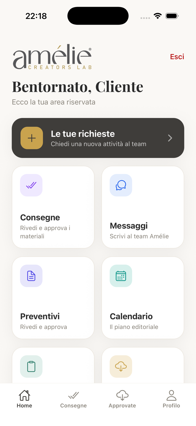 L’app Amélie Creators Lab: la schermata iniziale dell’area riservata ai clienti